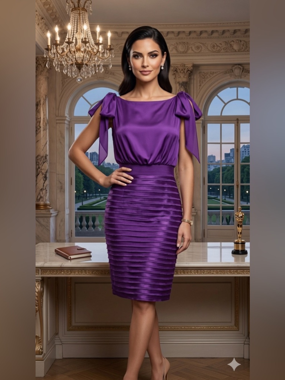 CH Carolina Herrera Purple Silk Dress Cocktail Evening Designer Bow Detail - Picture 13 of 13